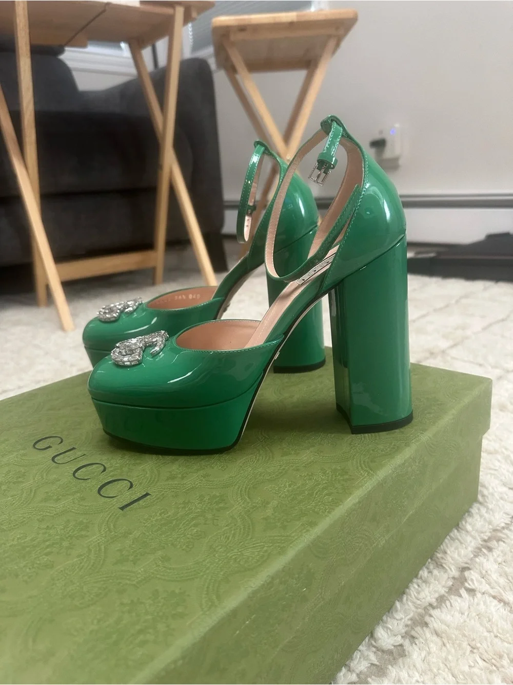 Gucci Glossy Emerald Green Patent Platform Pumps with Crystal GG Buckle